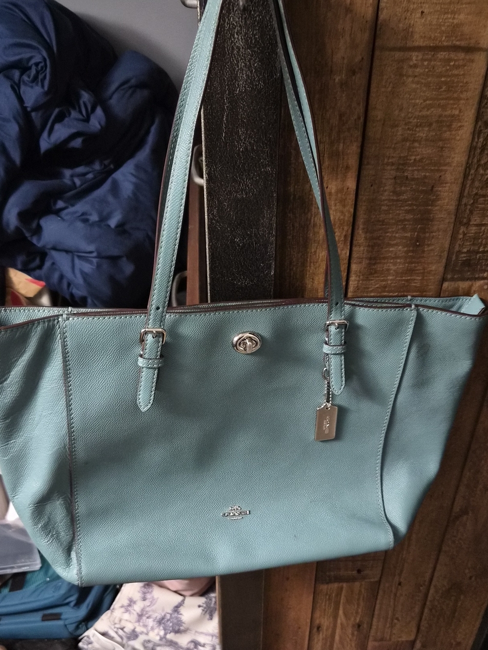 Coach Teal Pebbled Leather Tote with Turn-Lock